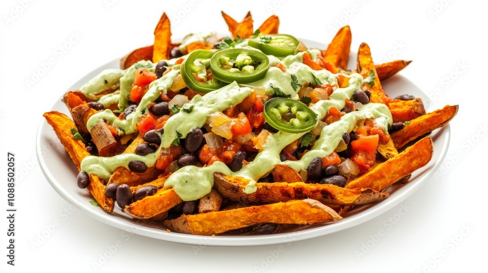 A plate of loaded sweet potato fries with crispy sweet potato wedges, melted cheese, black beans A plate of loaded sweet potato fries with crispy sweet potato wedges, melted cheese, black beans
