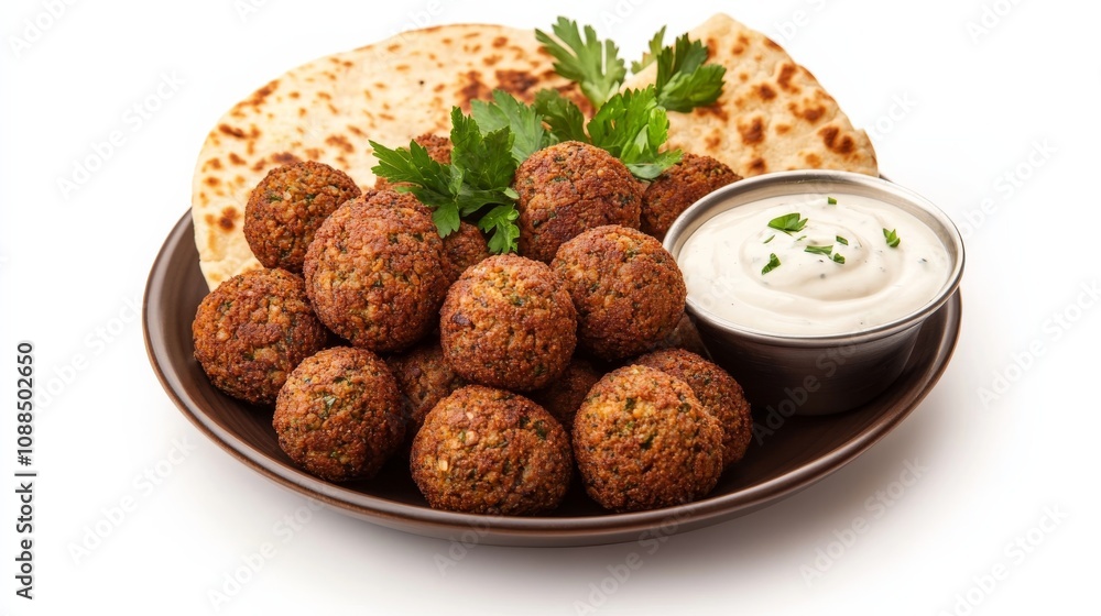 Fototapeta premium A plate of Mediterranean falafel served with tahini sauce and fresh pita bread, Each falafel ball crispy on the outside and tender on the inside