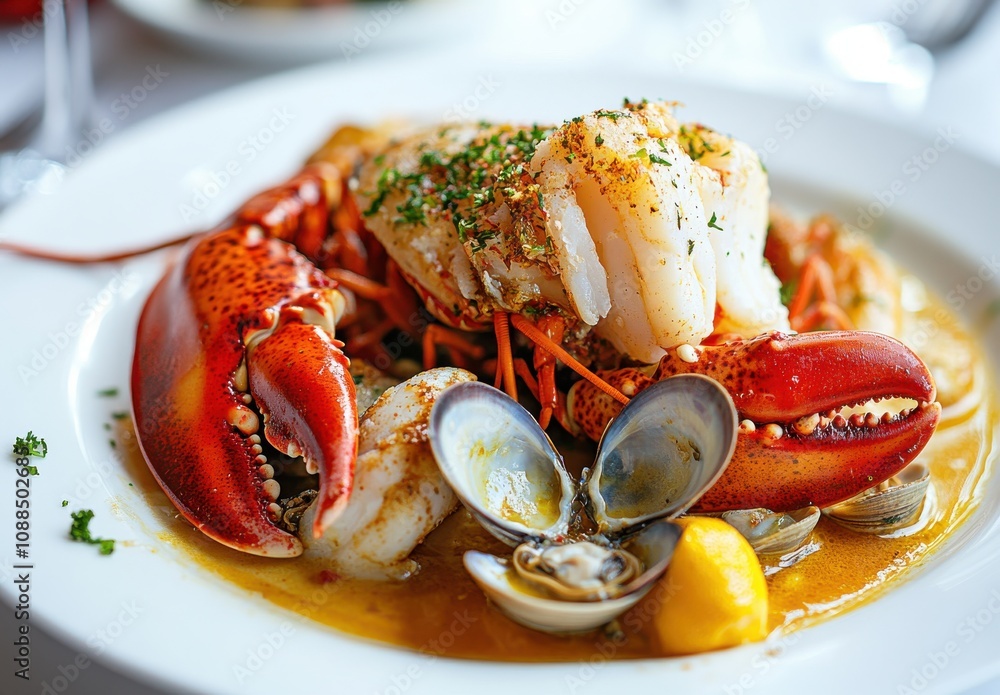 Delicious seafood dish featuring lobster, clams, and shrimp served on a plate garnished with parsley and lemon for an elegant dining experience Delicious seafood dish featuring lobster, clams, and shrimp served on a plate garnished with parsley and lemon for an elegant dining experience