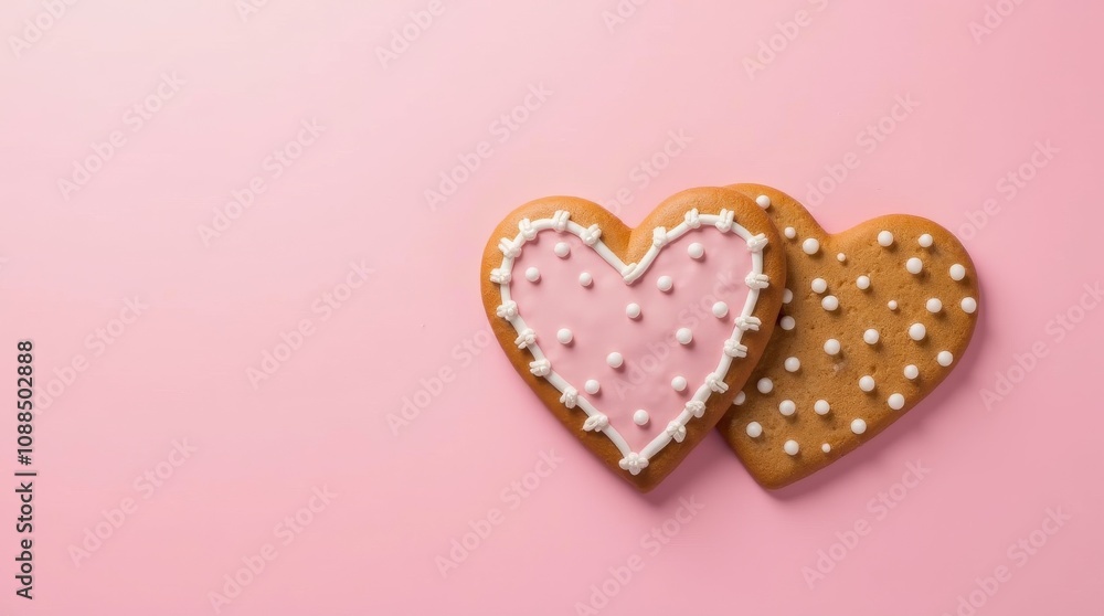 Two heart shaped gingerbread cookies with white and pink icing on a pink background. Flat lay composition with copy space Two heart shaped gingerbread cookies with white and pink icing on a pink background. Flat lay composition with copy space