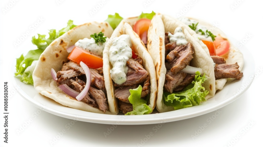 A plate of Mediterranean lamb gyros with seasoned lamb, tzatziki sauce, tomatoes A plate of Mediterranean lamb gyros with seasoned lamb, tzatziki sauce, tomatoes