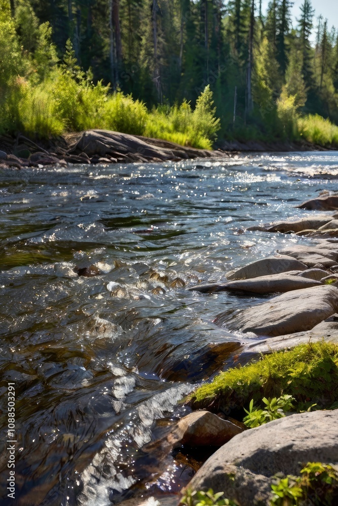 Sunny day on the taiga river - generative ai Sunny day on the taiga river - generative ai