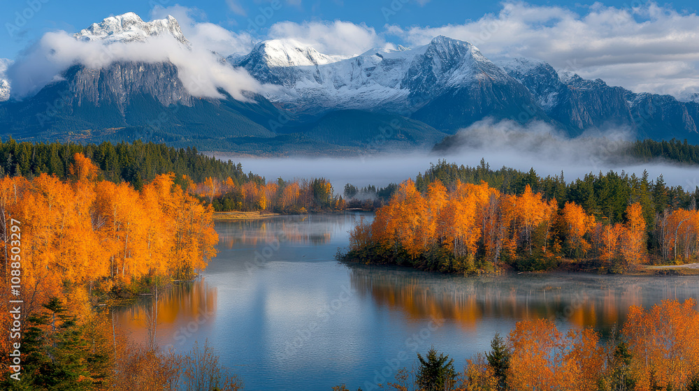 Obraz premium sunlight casting over foggy mountains and an autumn forest. AI generative.