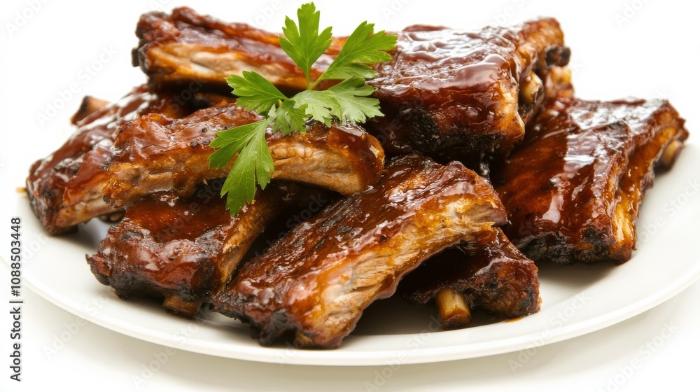 A plate of mouthwatering barbecue ribs with a sticky honey glaze, Each rib’s caramelized exterior and tender meat captured with precision A plate of mouthwatering barbecue ribs with a sticky honey glaze, Each rib’s caramelized exterior and tender meat captured with precision