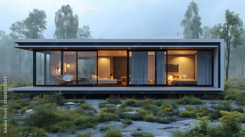 Modern house with large windows in a serene natural setting. Modern house with large windows in a serene natural setting.