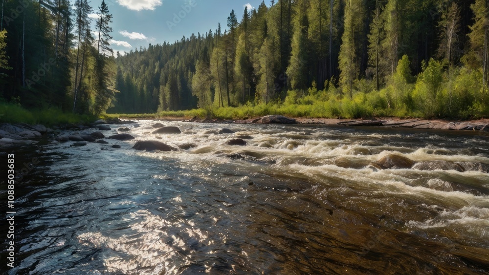 Sunny day on the taiga river - generative ai Sunny day on the taiga river - generative ai