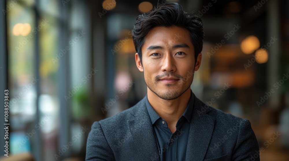 Asian businessman standing confidently in a bright office setting. Asian businessman standing confidently in a bright office setting.
