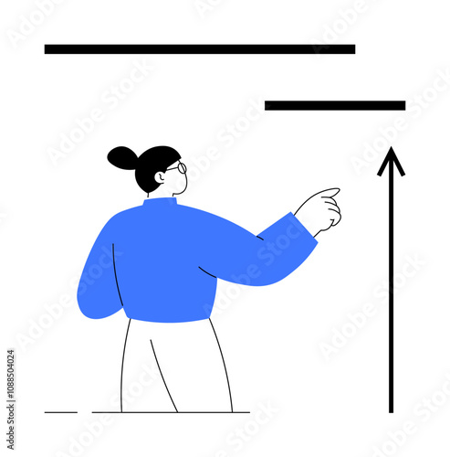 Person in blue pointing upward beside lines and arrow symbolizing progress goals, and direction. Ideal for motivation, business strategy, leadership, focus, planning, aspiration. Line metaphor