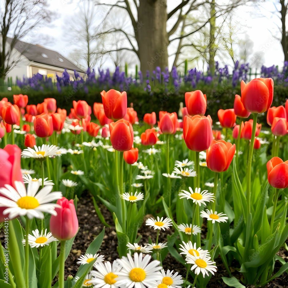 Spring landscape with tulips and daisies Spring landscape with tulips and daisies