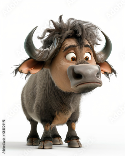 Cute 3D cartoon buffalo with expressive eyes and fluffy hair