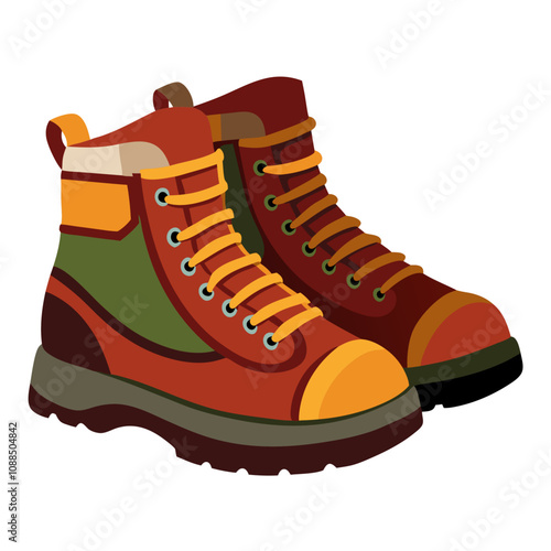 Hiking Boots: A pair of sturdy hiking boots, ready for adventure and exploration in the great outdoors. Each boot features a rugged design with brown leather, orange laces.