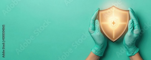 Hands wearing medical gloves holding a glowing shield with biometric icons, symbolizing secure healthcare data