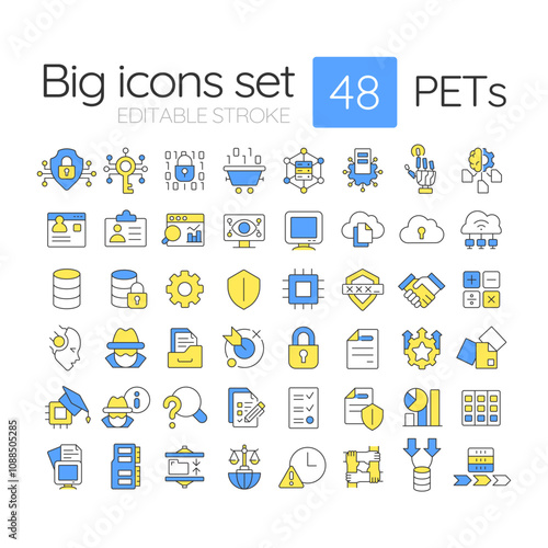 Privacy-enhancing technologies RGB color icons set. Data security, protection and encryption. Isolated vector illustrations. Simple filled line drawings collection. Editable stroke