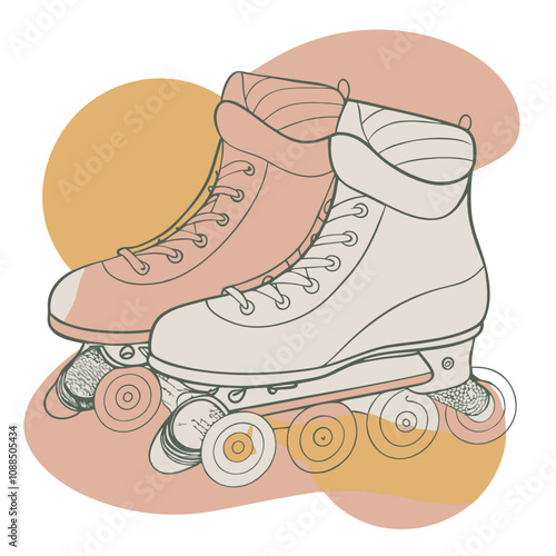 Roller Skate Dream: A pair of stylish retro roller skates in soft blush pink and cream, detailed line art on an abstract background. Perfect for vintage fashion, summer vibes, and fun illustrations. 