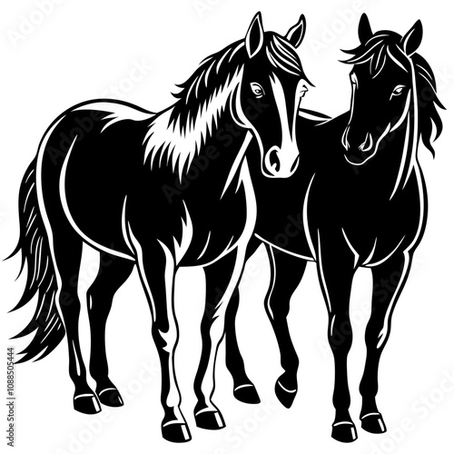 Two Horses Together: A pair of majestic horses, side by side, their profiles facing the viewer in a powerful and elegant silhouette. Black and white illustration perfect for equine art, animal lovers.