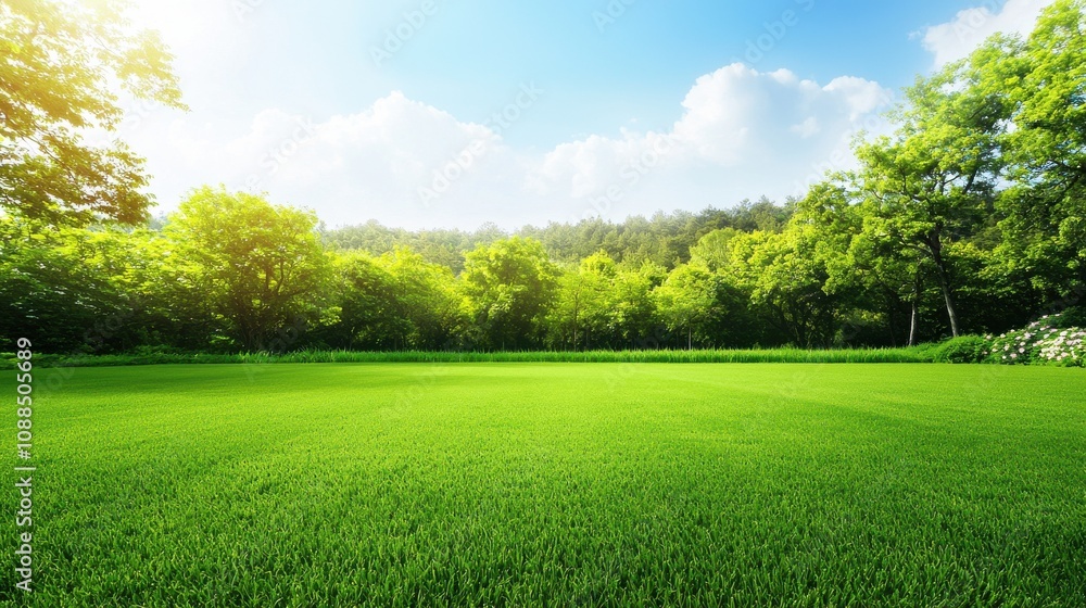 Lush Green Landscape with Vibrant Grass Under Clear Blue Skies Surrounded by Dense Trees and Brightly Lit by Sunlight Lush Green Landscape with Vibrant Grass Under Clear Blue Skies Surrounded by Dense Trees and Brightly Lit by Sunlight