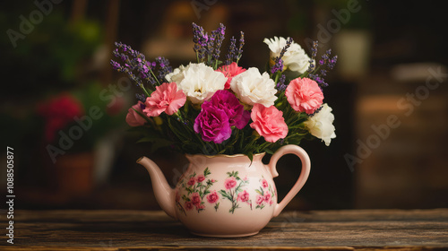 Wallpaper Mural Colorful flowers in pink and white bloom from a patterned pink vase, adding life to the wooden table setting. Torontodigital.ca