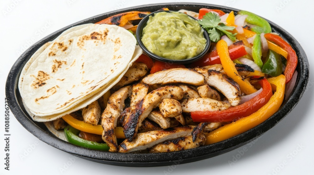A plate of sizzling fajitas with tender strips of grilled chicken, sautéed peppers and onions, and warm tortillas A plate of sizzling fajitas with tender strips of grilled chicken, sautéed peppers and onions, and warm tortillas