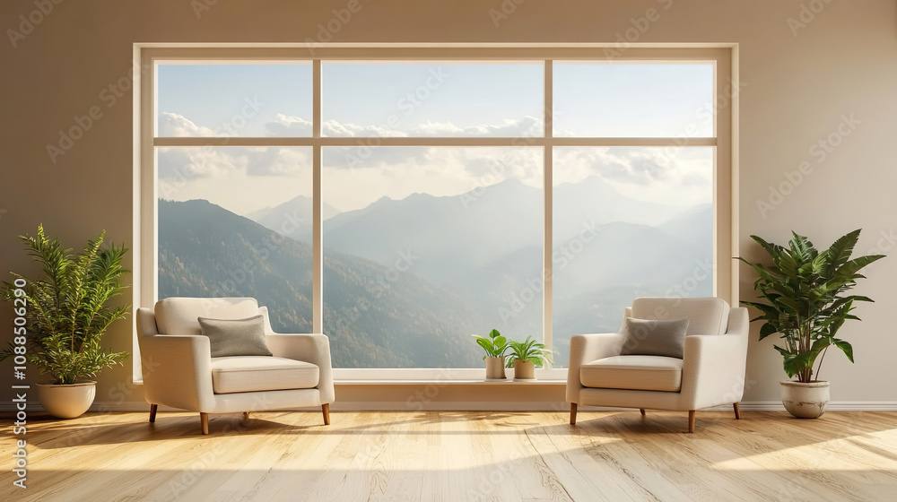 Fototapeta premium Beige home living room interior with two armchairs, sofa and panoramic window