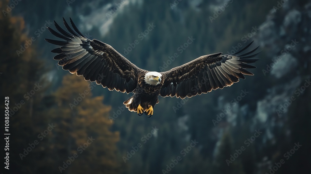 A bald eagle soars through the air with its wings spread wide, above a misty forest. A bald eagle soars through the air with its wings spread wide, above a misty forest.