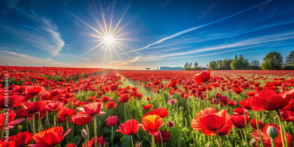 A Stunning Field of Vibrant Red Flowers Bathed in Bright Sunlight, Capturing the Essence of Nature's Beauty and the Serenity of Blooming Landscapes A Stunning Field of Vibrant Red Flowers Bathed in Bright Sunlight, Capturing the Essence of Nature's Beauty and the Serenity of Blooming Landscapes