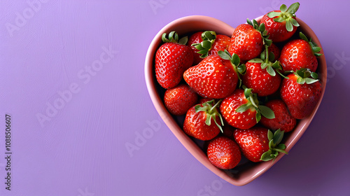 a heart shaped bowl filled with strawberries on top of a pink and white surface with a few more strawberries in the middle of the bowl on top of the bowl. photo