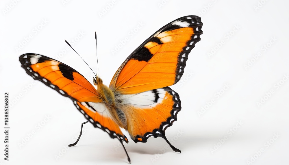 Fototapeta premium Bright orange butterfly with black and white patterns on white background