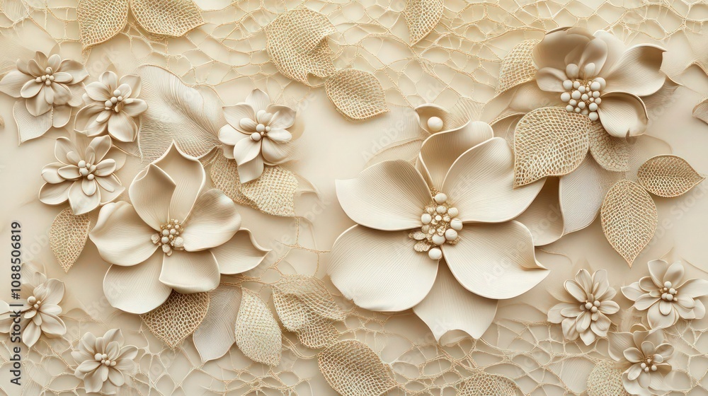 A sophisticated lace pattern in muted gold, with delicate floral motifs and intricate layered petals for a three-dimensional, refined texture. A sophisticated lace pattern in muted gold, with delicate floral motifs and intricate layered petals for a three-dimensional, refined texture.