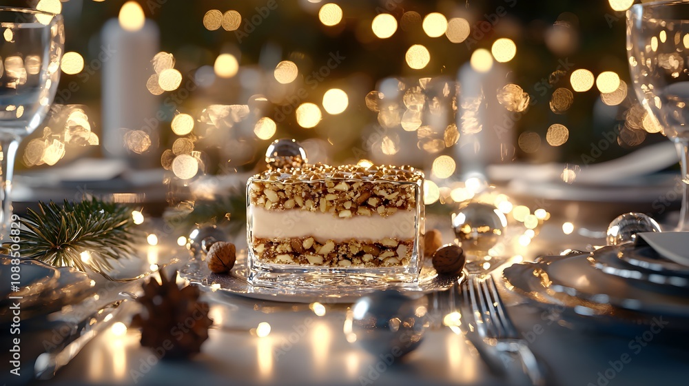 Richly textured fruitcake with nuts and spices, soft ambient lighting, surrounded by New Year's table settings, cozy holiday feel Richly textured fruitcake with nuts and spices, soft ambient lighting, surrounded by New Year's table settings, cozy holiday feel