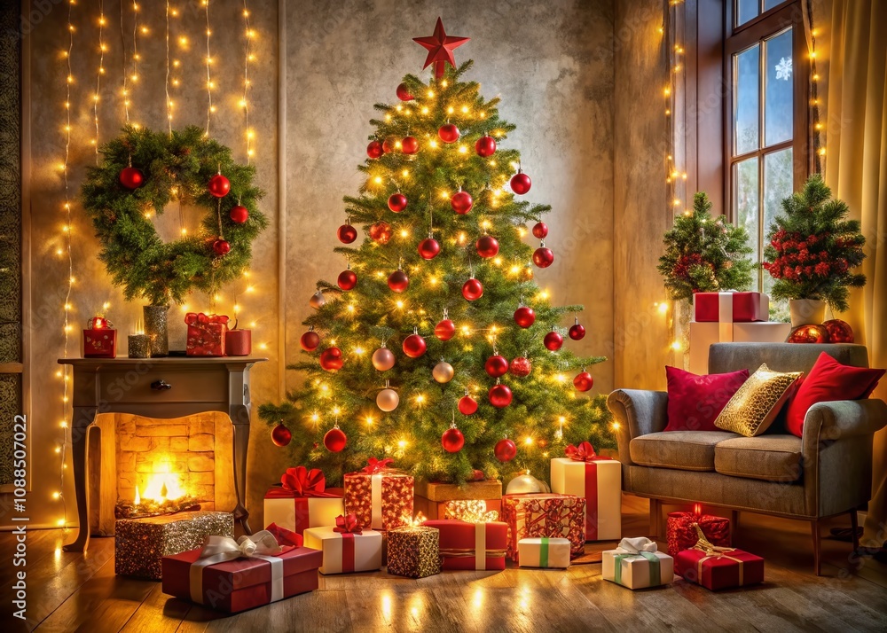 A Vibrant Christmas Tree Adorned with Red Decorations, Surrounded by Wrapped Gifts and Shimmering Lights, Capturing the Essence of Holiday Cheer and Warmth A Vibrant Christmas Tree Adorned with Red Decorations, Surrounded by Wrapped Gifts and Shimmering Lights, Capturing the Essence of Holiday Cheer and Warmth