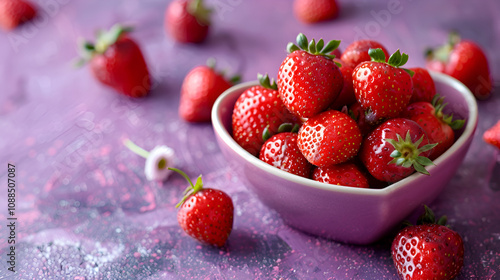 a heart shaped bowl filled with strawberries on top of a pink and white surface with a few more strawberries in the middle of the bowl on top of the bowl. photo