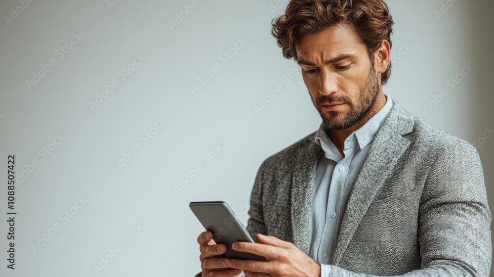 Businessman holding a laptop and using a mobile phone, isolated against a white background. Businessman holding a laptop and using a mobile phone, isolated against a white background.