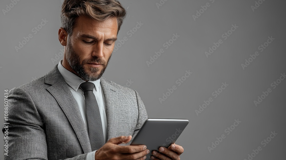 Businessman holding a laptop and using a mobile phone, isolated against a white background. Businessman holding a laptop and using a mobile phone, isolated against a white background.