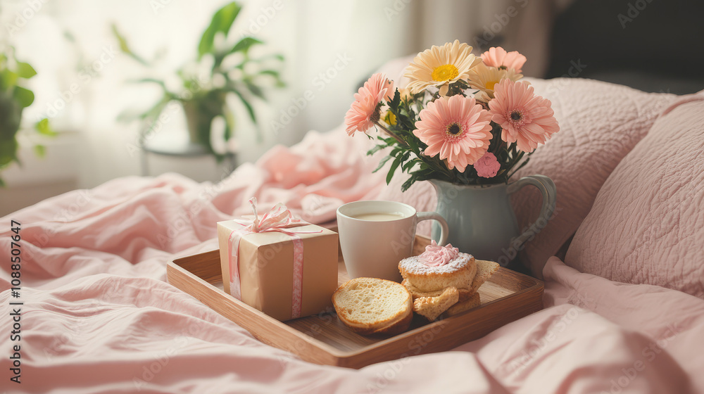 A tray of food and flowers on a bed A tray of food and flowers on a bed