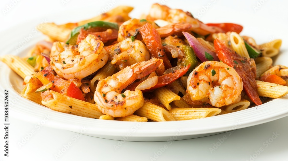 A plate of spicy Cajun shrimp pasta with penne, Cajun-spiced shrimp, bell peppers A plate of spicy Cajun shrimp pasta with penne, Cajun-spiced shrimp, bell peppers