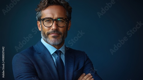 Portrait of a confident businessman in a suit, arms crossed, isolated against a studio background.