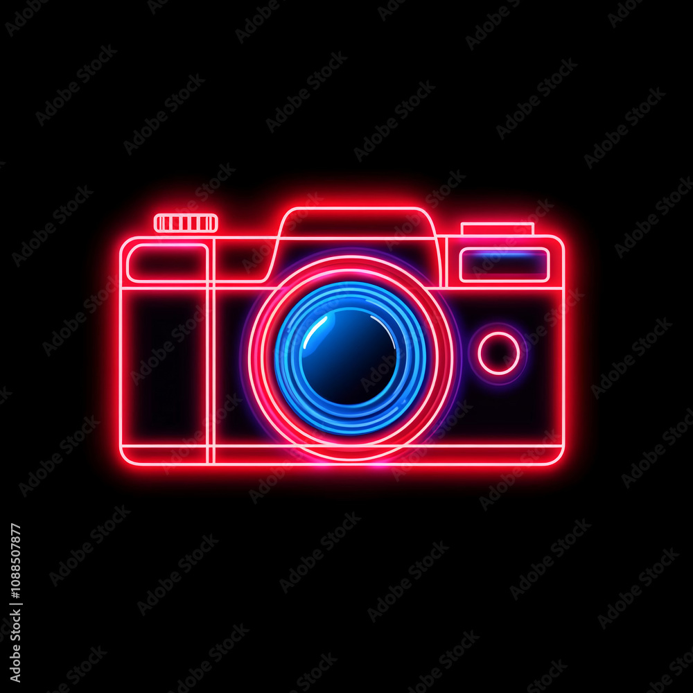 Neon Camera Icon in Red and Blue Light on Black Background Neon Camera Icon in Red and Blue Light on Black Background