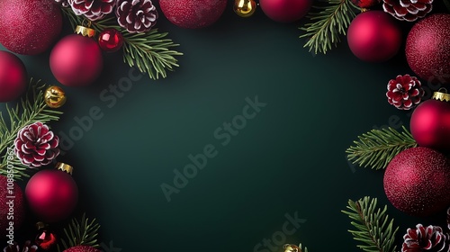 Christmas dark green background with festive Christmas tree balls and pines, empty space for text in the center of photo