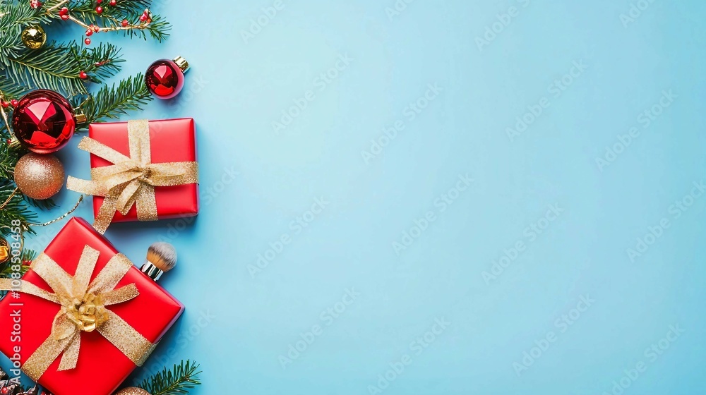 Festive Christmas Gift Boxes with Red Wrapping Surrounded by Ornaments and Pine Branches on Light Blue Background for Holiday Themes Festive Christmas Gift Boxes with Red Wrapping Surrounded by Ornaments and Pine Branches on Light Blue Background for Holiday Themes