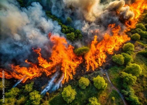 Aerial View of Burning Grass and Plants with Flames and Smoke - Captivating Drone Photography of Wildfire Impact on Nature's Landscape