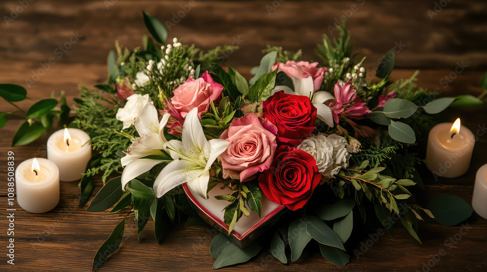A bouquet of flowers is arranged in a heart shape on a wooden table A bouquet of flowers is arranged in a heart shape on a wooden table