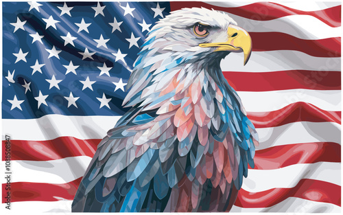 Bald eagle with USA flag, 4th of July, Independence day Of United States. Greeting design crystal style with USA patriotic colors