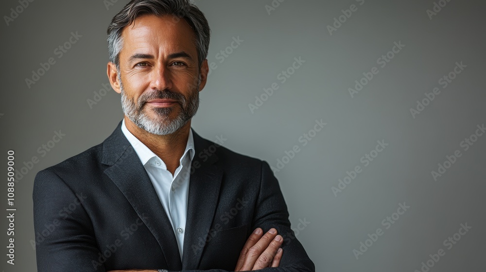 Full-body portrait of a businessman in a black suit, arms crossed with confidence, isolated on a studio background. Full-body portrait of a businessman in a black suit, arms crossed with confidence, isolated on a studio background.