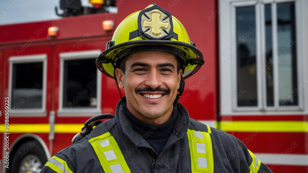 Latino Firefighter in Uniform Smiling Next to Fire Truck and Emergency Vehicles Latino Firefighter in Uniform Smiling Next to Fire Truck and Emergency Vehicles