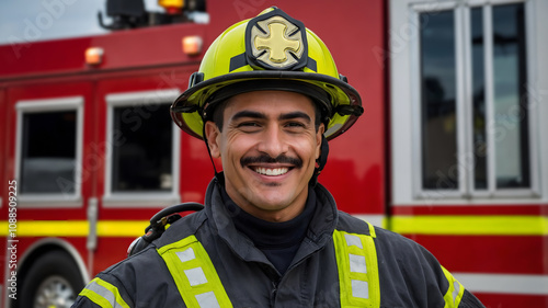 Latino Firefighter in Uniform Smiling Next to Fire Truck and Emergency Vehicles