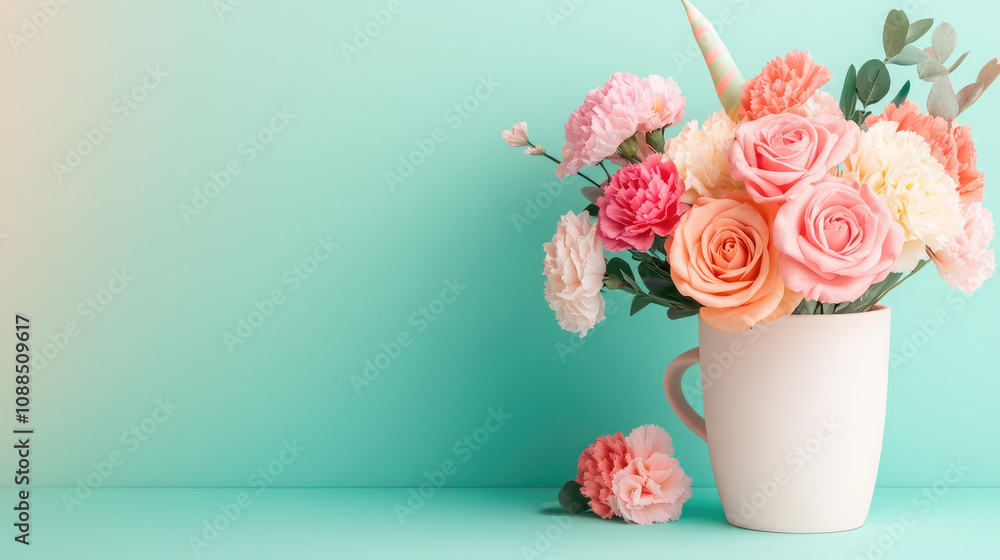 A white flower vase with pink and orange flowers in it sits on a blue table A white flower vase with pink and orange flowers in it sits on a blue table