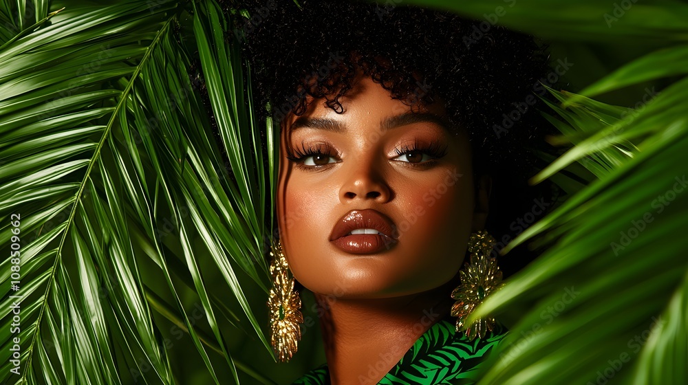 Striking portrait of a curvy Black woman with an expressive gaze, green tropical leaves framing her face, serene and powerful vibe Striking portrait of a curvy Black woman with an expressive gaze, green tropical leaves framing her face, serene and powerful vibe