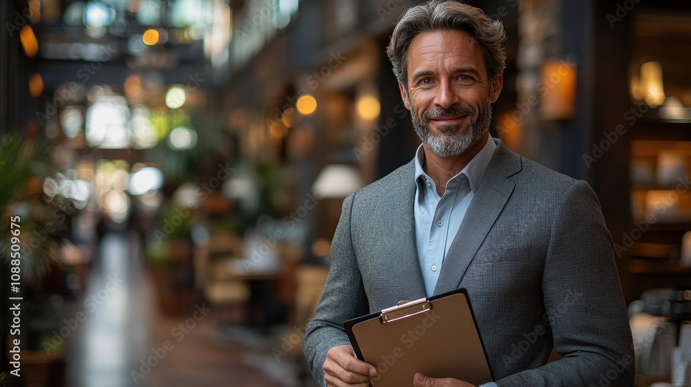 Portrait of a businessman in a gray suit, confidently smiling and holding a clipboard. Portrait of a businessman in a gray suit, confidently smiling and holding a clipboard.