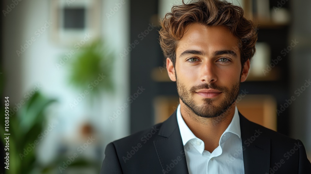 Fototapeta premium Young employee in a black suit, holding a digital tablet, looking at the camera against a white background.