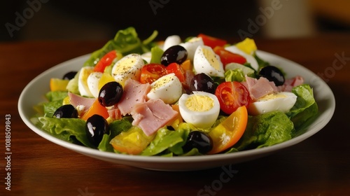 Fresh and Colorful Salad with Lettuce, Tomatoes, Olives, Eggs, Ham, and Peppers Served on a White Plate Over a Wooden Table Background